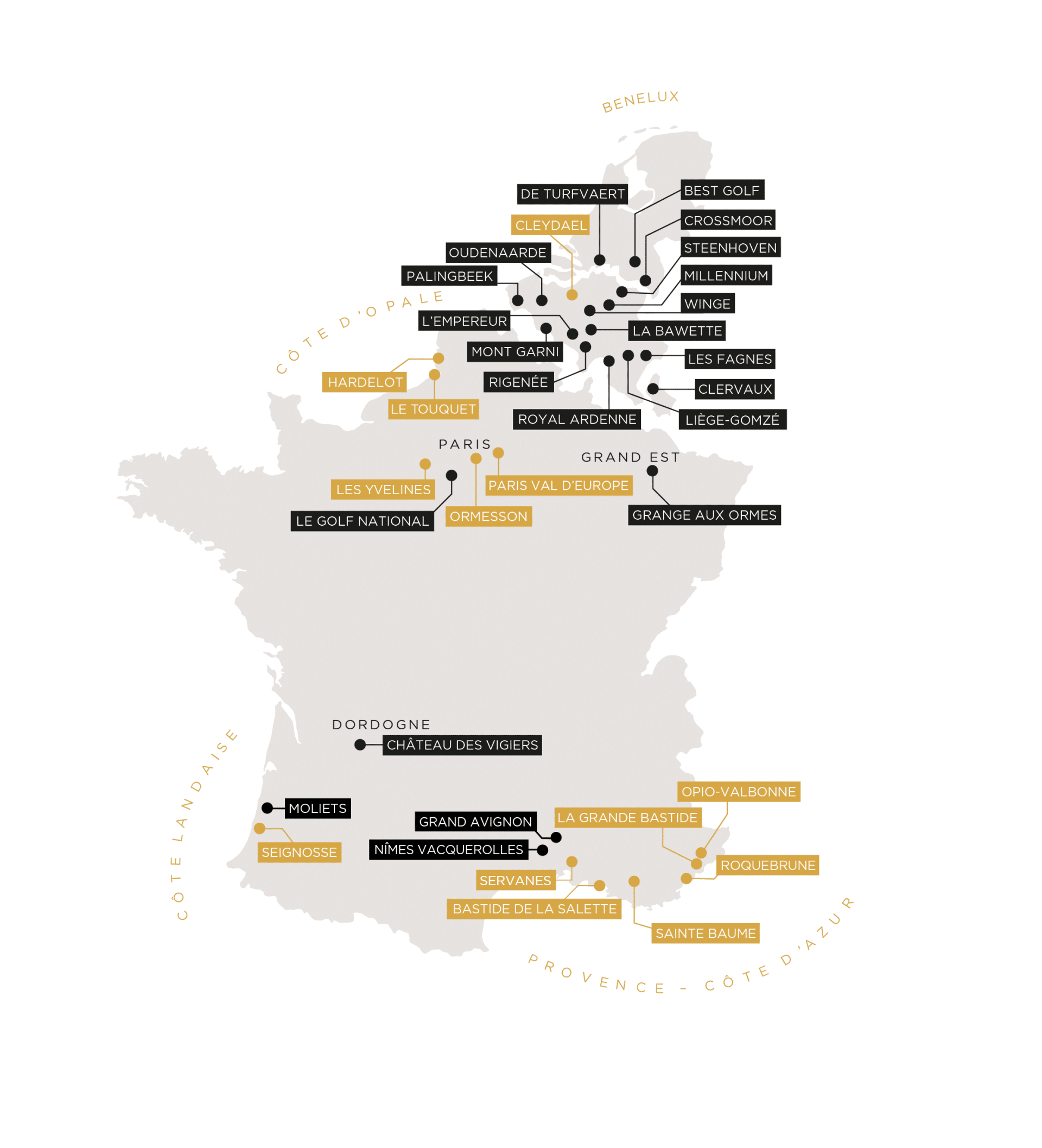 Carte 2023 des golfs resonance golf collection en Europe Resonance Golf Collection - fond blanc