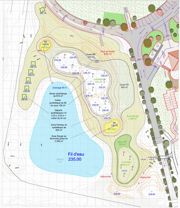 Plan de la nouvelle zone d'entrainement dédié au petit jeu et au grand jeu au Golf de la Grande Bastide, Resonance Golf Collection